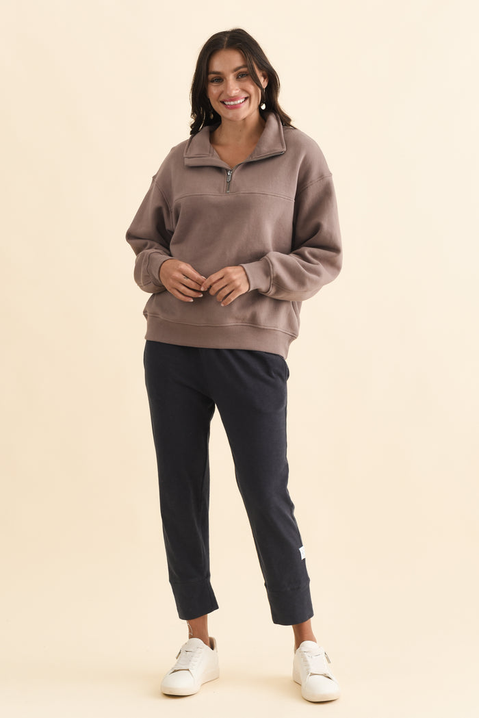 College Mocha Zip Sweatshirt,Brunette model,alt text|model:Brontie