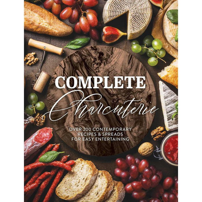 Complete Charcuterie cookbook cover featuring a wooden board surrounded by grapes, cheese, bread, and cured meats.