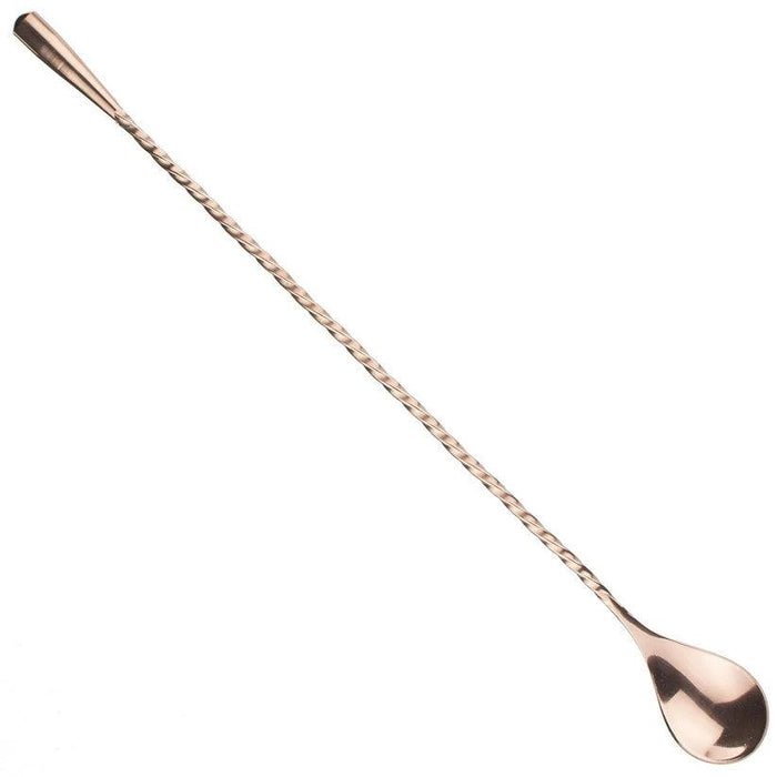 11.75-inch copper-plated teardrop bar spoon with a twisted handle for professional cocktail stirring.