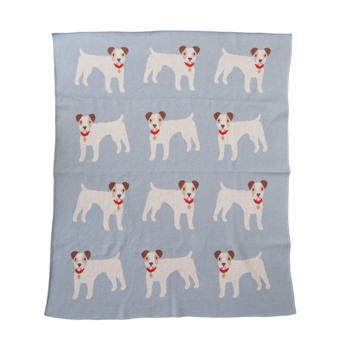 Soft blue cotton knit baby blanket featuring a repeating pattern of white Jack Russell terrier dogs with red collars.