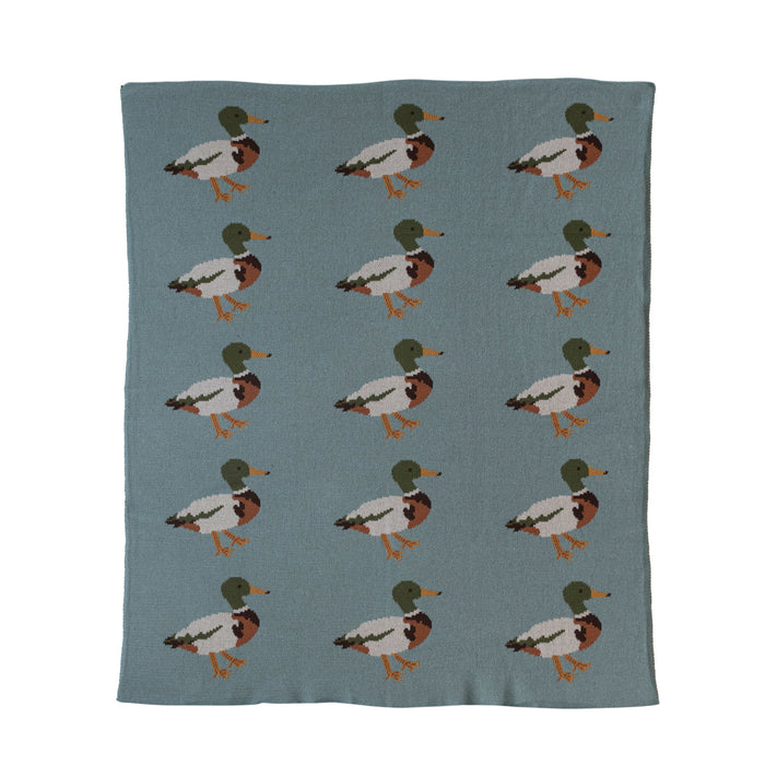 Soft blue cotton knit baby blanket featuring a repeating mallard duck pattern, 40" x 32" textured nursery essential.