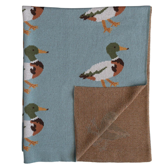 Soft blue cotton knit baby blanket featuring a mallard duck pattern with a textured brown reverse side, 40" x 32".