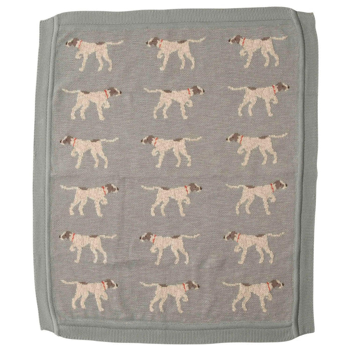 Soft gray cotton knit blanket, 40" x 32", featuring a repeating pattern of brown and white dogs with red collars.