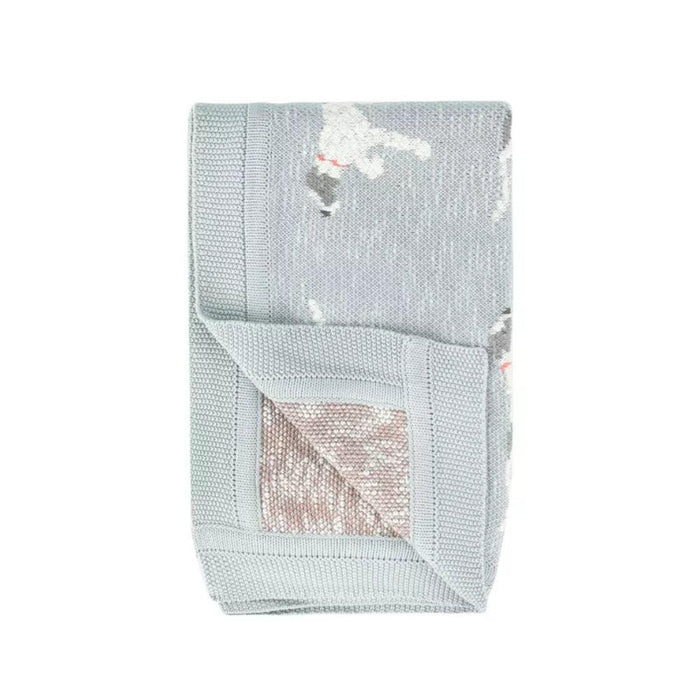 Soft grey cotton knit blanket, 40" x 32", featuring a playful pattern of brown and white dogs with a textured border.
