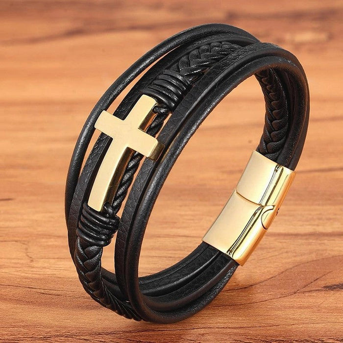 Cross Style Multi-Layer Leather Bracelet