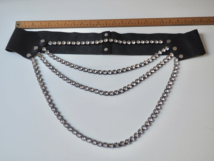 Crystal + Black Leather Belt 110cm