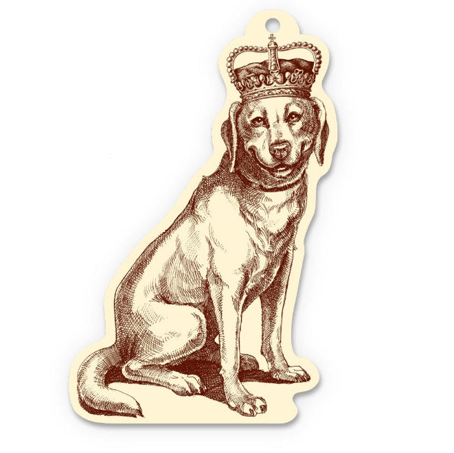 Alexa Pulitzer acrylic ornament featuring a brown ink illustration of a regal dog wearing a crown on a cream background.