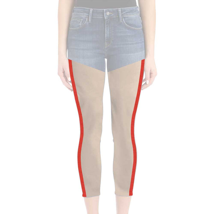Blue denim jeans featuring tan briar facing panels on the legs with bright red trim detailing.