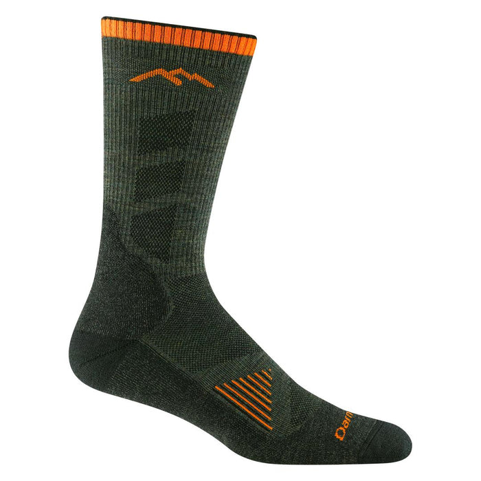 Olive green Darn Tough lightweight merino wool boot sock with orange trim, mountain logo, and breathable mesh panels.
