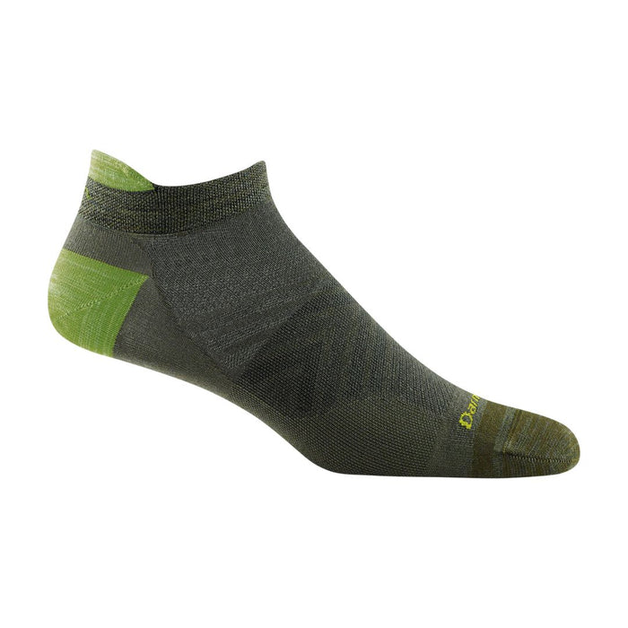 Darn Tough ultralight no show running sock in olive green with lime heel tab and performance arch support.