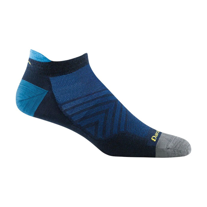 Blue and navy Darn Tough no-show running sock with a heel tab, grey toe, and breathable ultralight Merino wool construction.