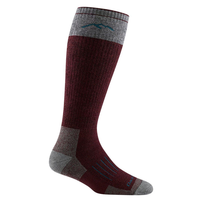 Darn Tough burgundy and grey over-the-calf merino wool hunting sock with cushioned performance fit.