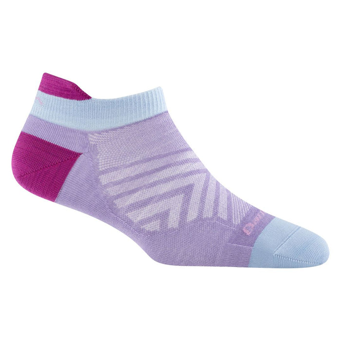 Darn Tough women's ultralight no show running sock in lavender and light blue with a protective heel tab.