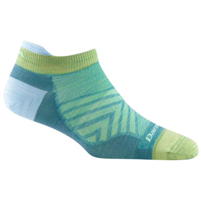 Darn Tough women's ultralight no show running sock in teal and lime green with a protective heel tab and arch support.