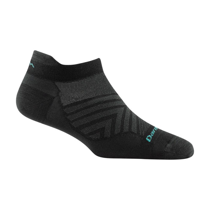Black Darn Tough women's no-show running sock with heel tab, arch support, and teal logo accents.