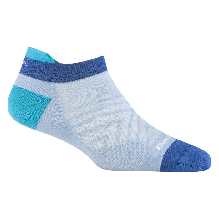 Light blue and navy Darn Tough women's no show running sock with heel tab and arch support design.