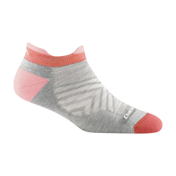 Grey and pink ultralight Merino wool running sock with a no-show tab, cushioned heel, and targeted arch support.