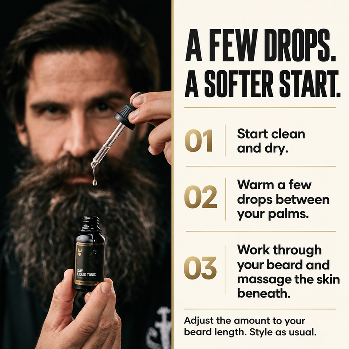 Bearded man holding a dropper of Day Liquid Beard Tonic beard oil, headline A Few Drops A Softer Start, three steps: start clean and dry, warm a few drops, work through the beard
