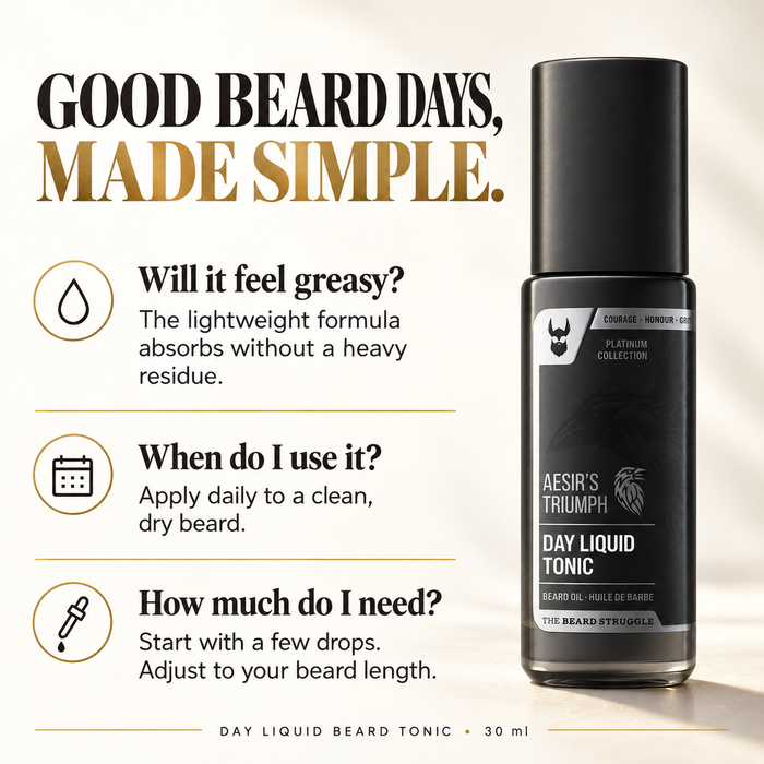 Day Liquid Beard Tonic Aesir's Triumph 30 ml bottle with its cap, headline Good Beard Days Made Simple, answers on greasiness, when to use it and how much to apply