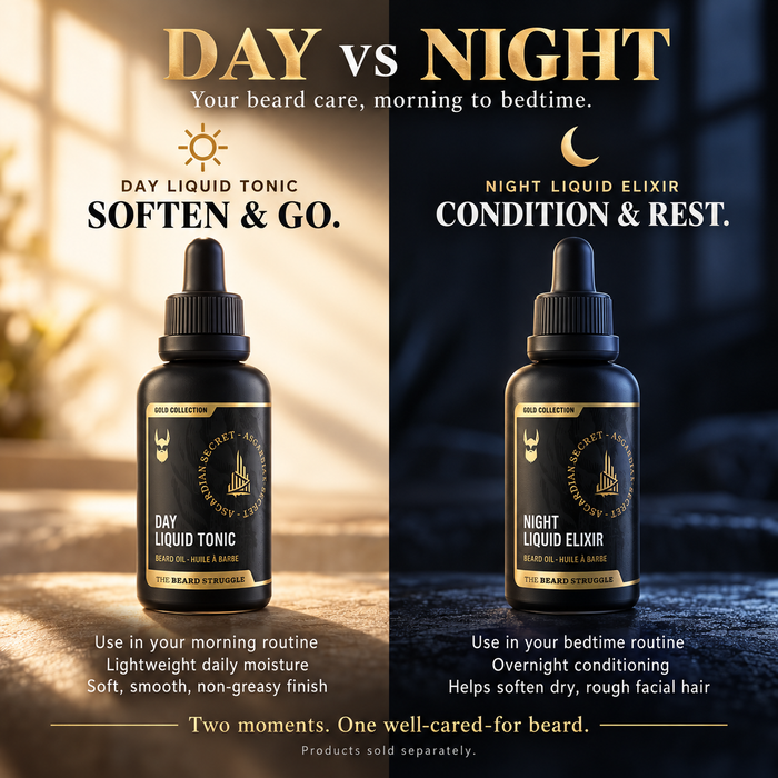 Day Liquid Tonic beard oil in morning light beside Night Liquid Elixir at night, headline Day vs Night, soften and go in the morning, condition and rest at bedtime