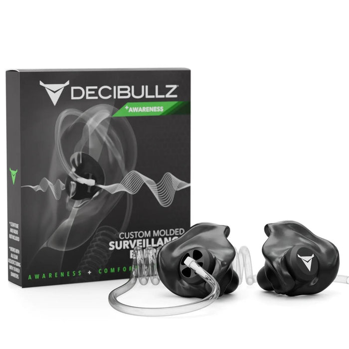 Black Decibullz custom moldable surveillance earpieces with clear acoustic tubes and branded packaging box.