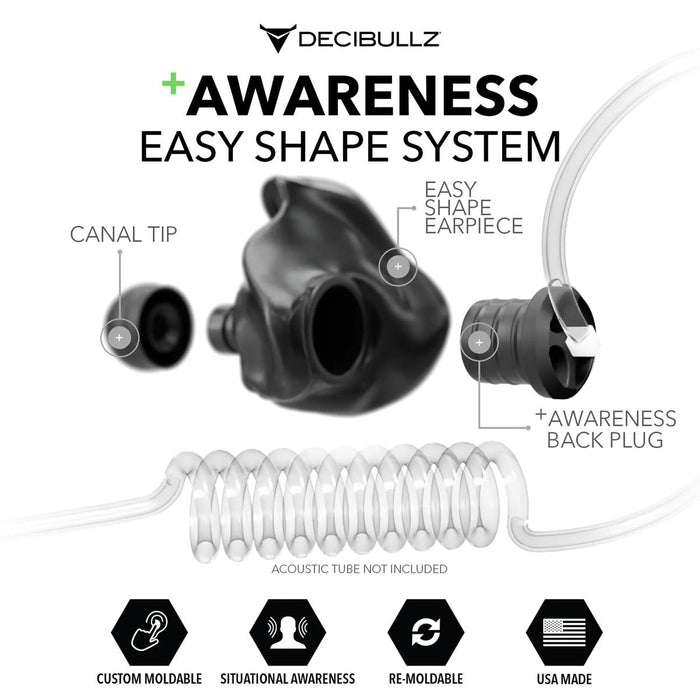 Black Decibullz custom moldable earpiece with awareness back plug, canal tip, and clear acoustic tube adapter diagram.