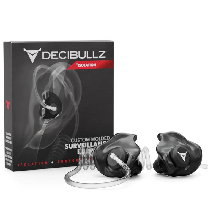 Black Decibullz custom moldable surveillance earpieces with clear acoustic tube adapters and packaging box.