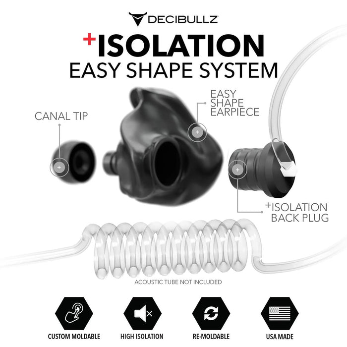 Black Decibullz custom moldable earpiece with isolation back plug, canal tip, and clear acoustic tube components.