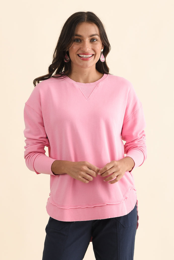 Delilah Candy Pink Cotton Crewneck Sweatshirt,Brunette model,alt text|model:Brontie