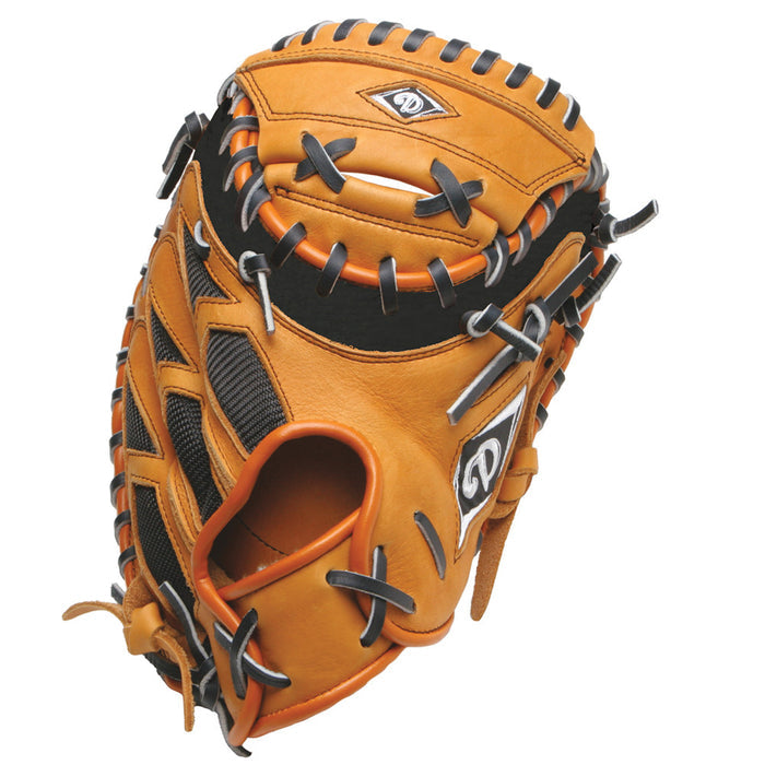 The Diamond C320 32" Baseball Catcher's Mitt: DCM-C320 by Diamond features tan and black game-ready leather, black and gray lacing, a logo on wrist and webbing, a flat two-piece web design, and is angled to show the pocket and thumb side.