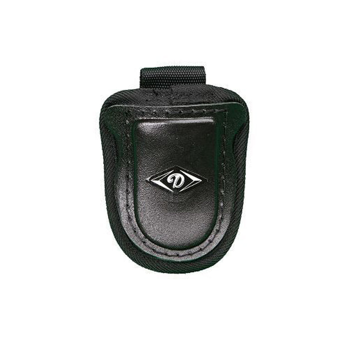 The Diamond Catcher's Throat Guard: FM-TG by Diamond is a black padded leather pouch with stitched borders, flap closure with button snap, and a small diamond-shaped metal logo on the front. Fits 4" or 6" throat guards.