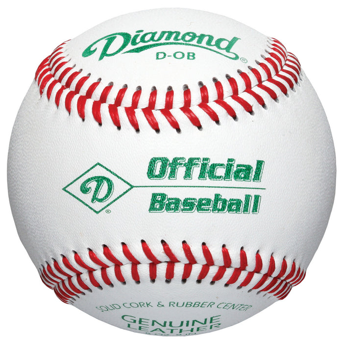 The Diamond D-OB Official League Baseball features white leather, red stitching, and green text with branding and product details, making it an ideal official choice for youth baseball.