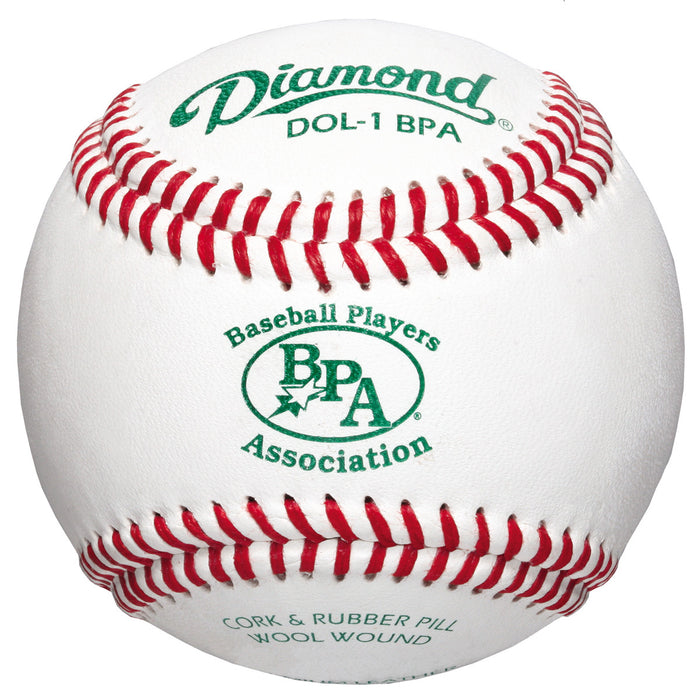 A close-up of a white Diamond DOL-1 BPA Baseball featuring red stitching, green Diamond and BPA logos, and text. This premium leather ball highlights its cork rubber core construction.
