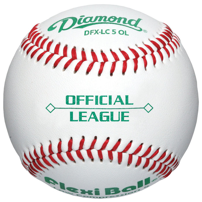 The Diamond LC5 FlexiBall Official League Baseball (DFX-LC5) by Diamond features a white cover, red stitching, green text, and a FlexiBall core for low compression performance.