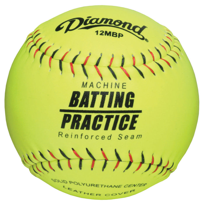 The Diamond Machine Batting Practice 12" Leather Fastpitch Softball (12MBP) features a yellow leather cover, red stitching, reinforced seam, and durable polyurethane core—perfect for use with composite bats.