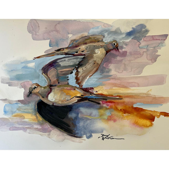 Dirk Walker Close Call giclee print featuring two watercolor mourning doves in flight against a soft, colorful abstract sky.