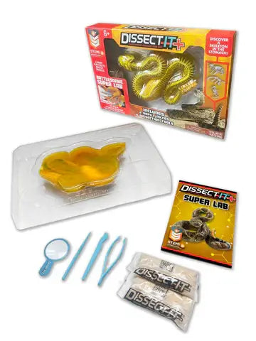 Dissect It Rattlesnake Super Lab kit with synthetic dissection materials, tools, and instructions for educational wildlife education.