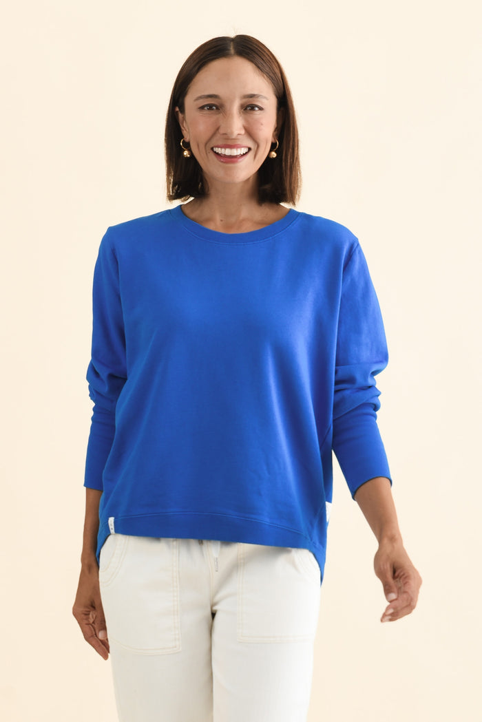 Divine Cobalt Cotton Crew Sweatshirt,Brunette model,alt text|model:Cara