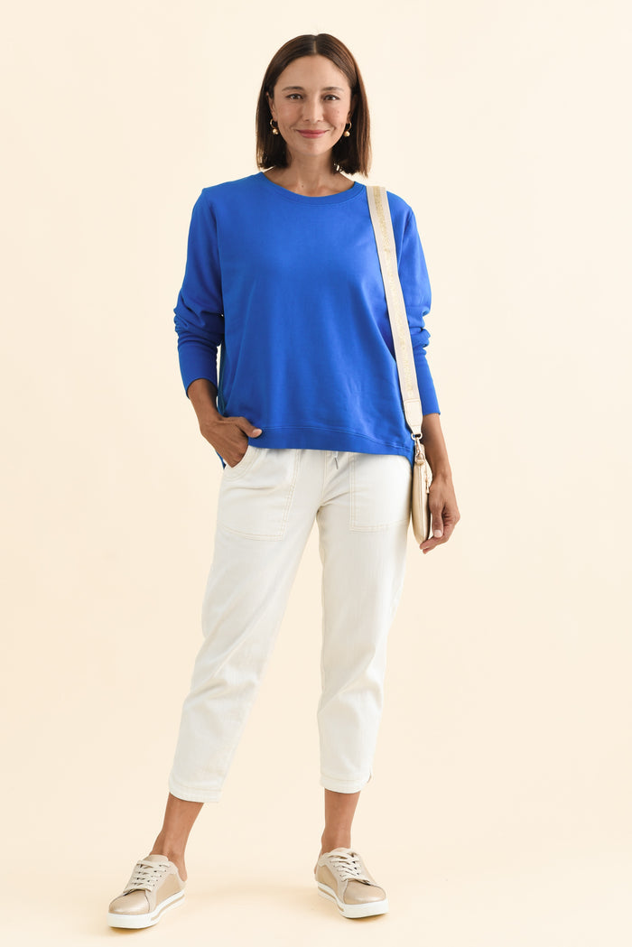 Divine Cobalt Cotton Crew Sweatshirt,Brunette model,alt text|model:Cara