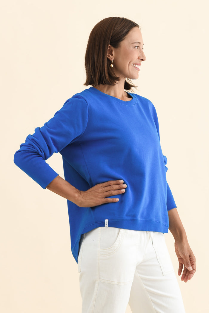 Divine Cobalt Cotton Crew Sweatshirt,Brunette model,alt text|model:Cara