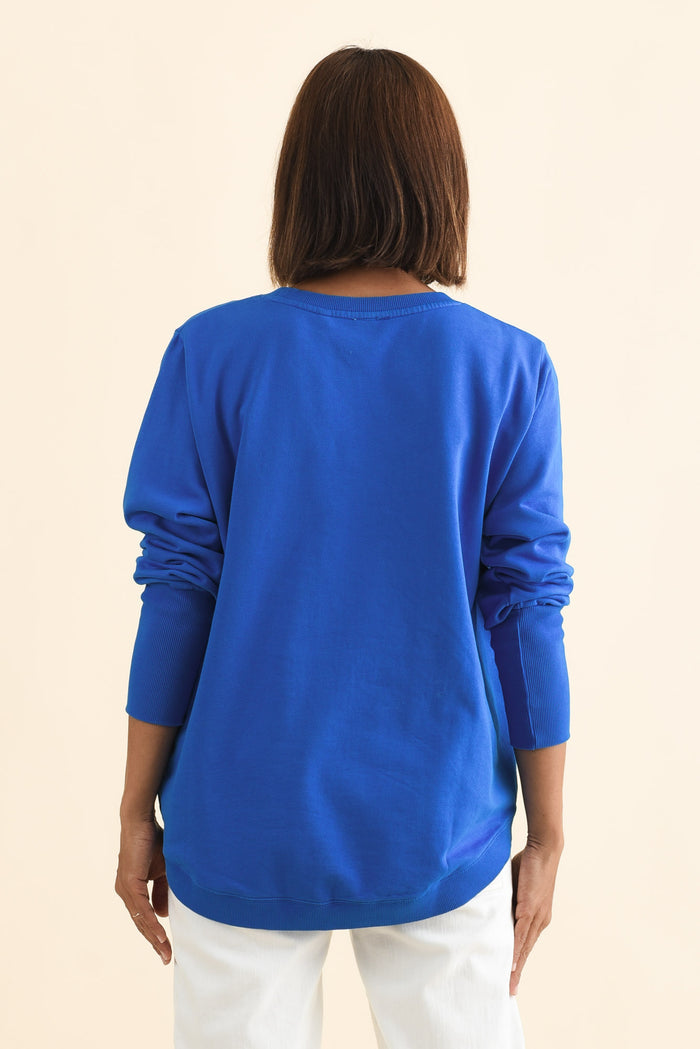 Divine Cobalt Cotton Crew Sweatshirt,Brunette model,alt text|model:Cara