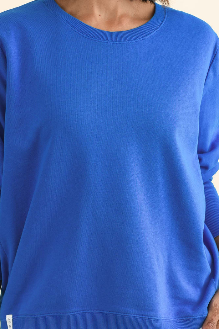 Divine Cobalt Cotton Crew Sweatshirt,Brunette model,alt text|model:Cara