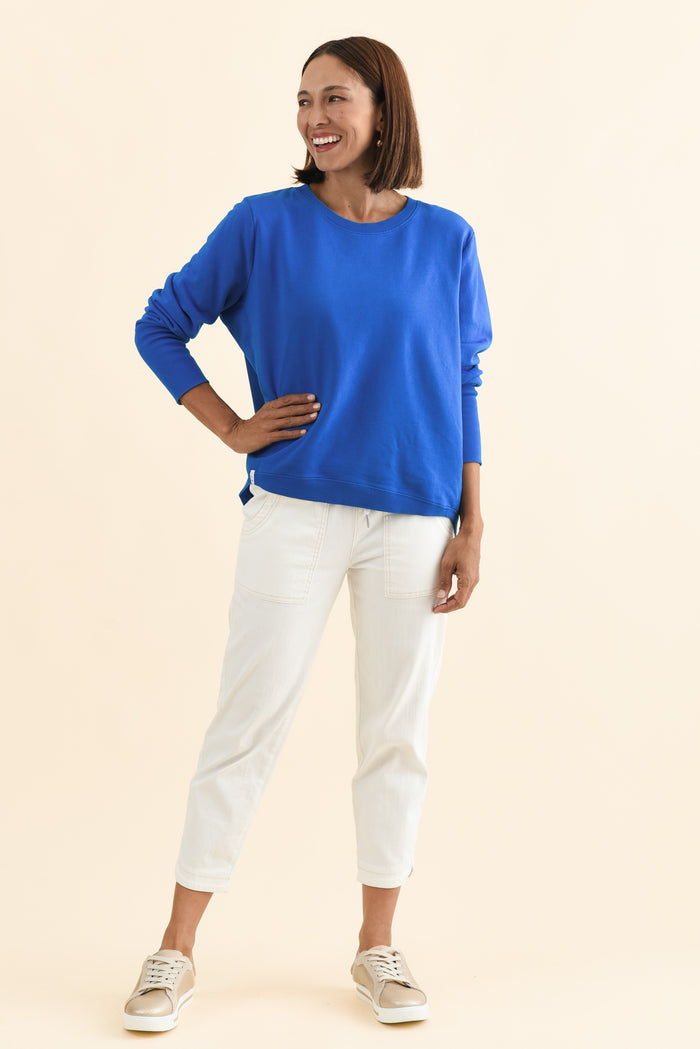 Divine Cobalt Cotton Crew Sweatshirt,Brunette model,alt text|model:Cara