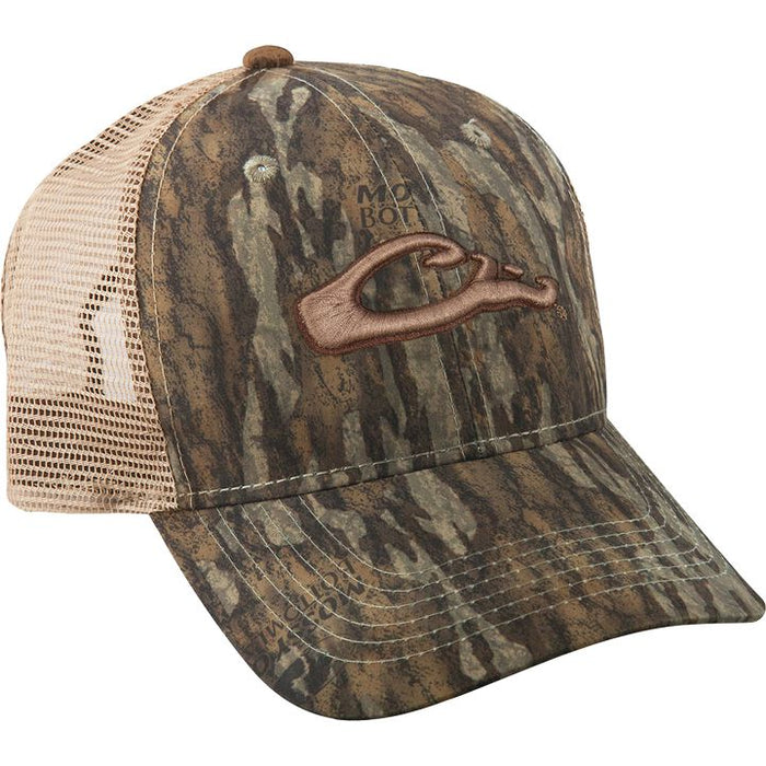 Drake 6-panel camo cap with a breathable tan mesh back and embroidered brown duck head logo on the front.
