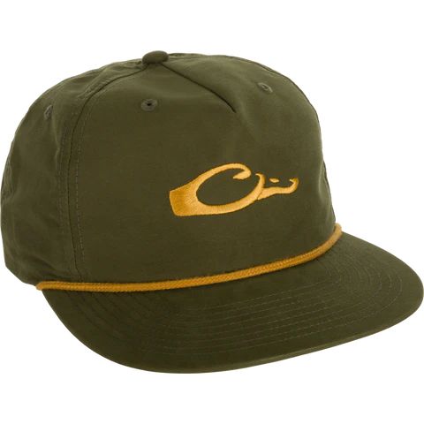 Olive green Drake rope cap featuring a flat bill, gold embroidered logo, and matching gold rope detail.