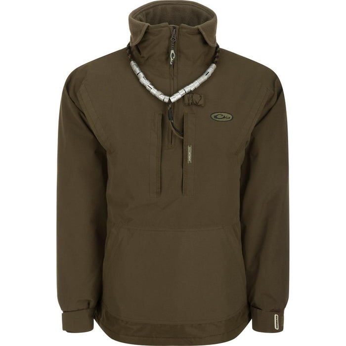 Olive green Drake MST waterfowl 1/4 zip pullover with fleece lining, high collar, and chest storage pockets.