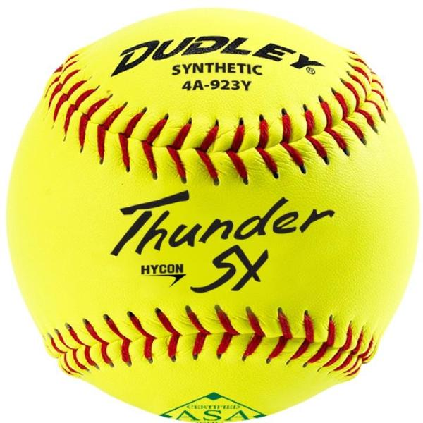 The Dudley ASA Thunder SY Hycon 11" 52/300 Synthetic Slowpitch Softball (4A923Y) is bright yellow with red stitching, black text, and a hycon poly-core for durability. "Dudley," "Thunder SY," and "Hycon" are printed on the ball.