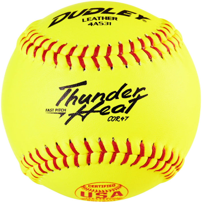 A Dudley USA Thunder Heat 11" 47/375 Leather Fastpitch Softball (4A531Y) features a bright yellow leather surface, red stitching, black printed text with product info, and certification logo. Brand: Dudley.