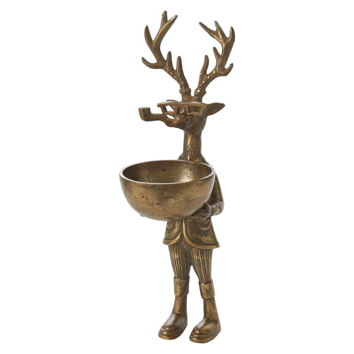 Antique gold metal deer dish stand wearing glasses and holding a bowl, featuring a whimsical, classic design.