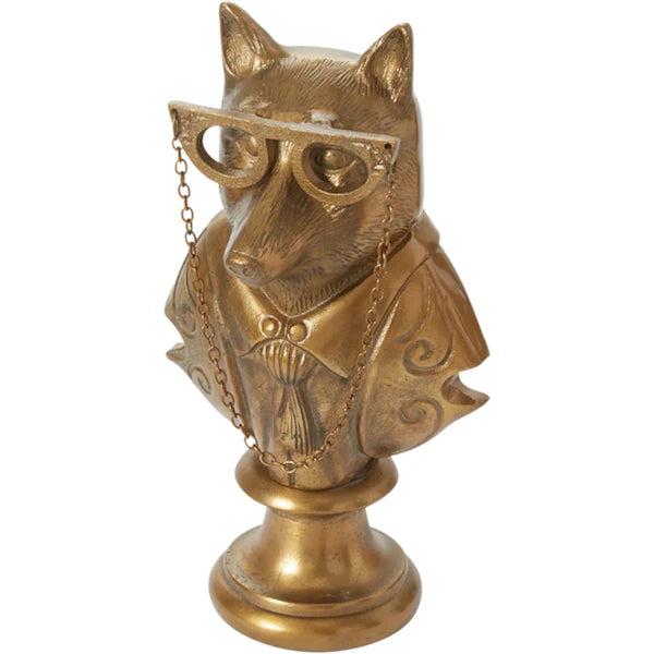 Antique gold bronzed aluminum bust of a fox wearing glasses on a chain, featuring an elegant, detailed metal design.